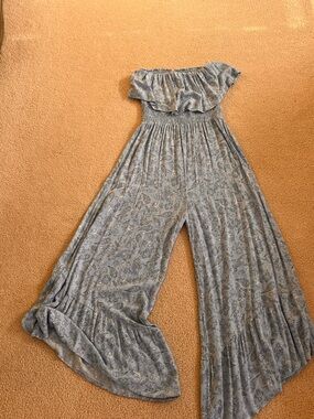 ILLA ILLA Light Blue Paisley Off-Shoulder Wide Leg Jumpsuit